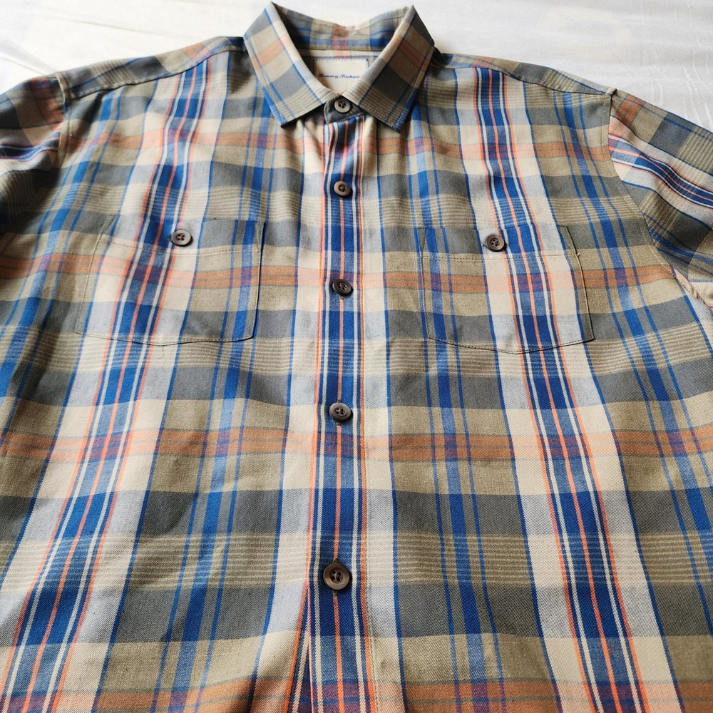 Tommy Bahama Mens 100% Silk Plaid Short Sleeve Button Down Shirt Blue Tan Orange - Picture 8 of 8